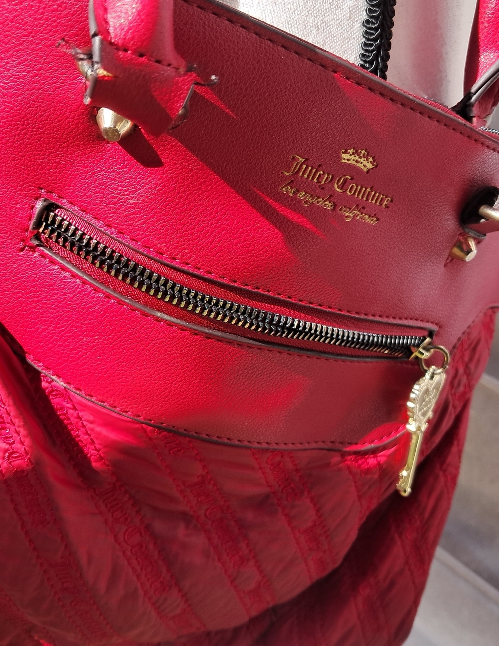 Juicy Couture Red Quilted Shoulder Bag with Gold Hardware Flower Scarf Bundle - Picture 7 of 9
